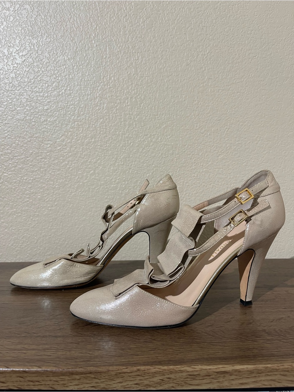 LOEFFLER Randall Elegant Cream Ruffle Strap High Heels